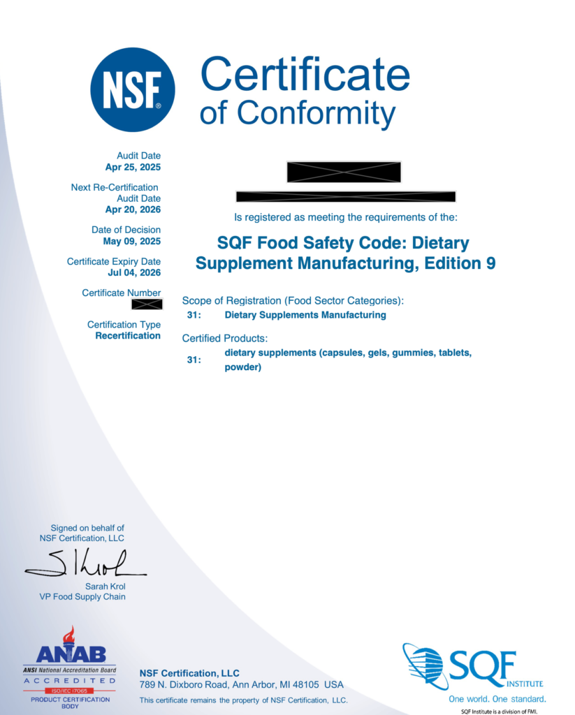 CLARVA GMP certified supplements manufacturing certificate