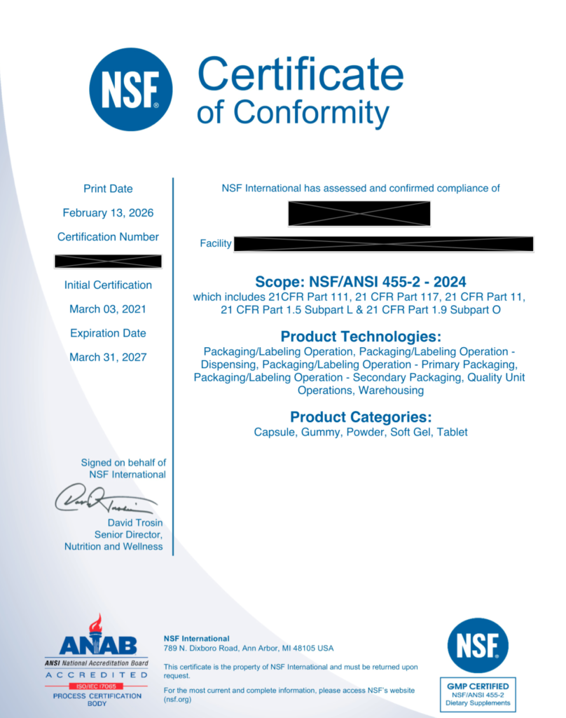 NSF certified supplement facility certificate exp March 2027